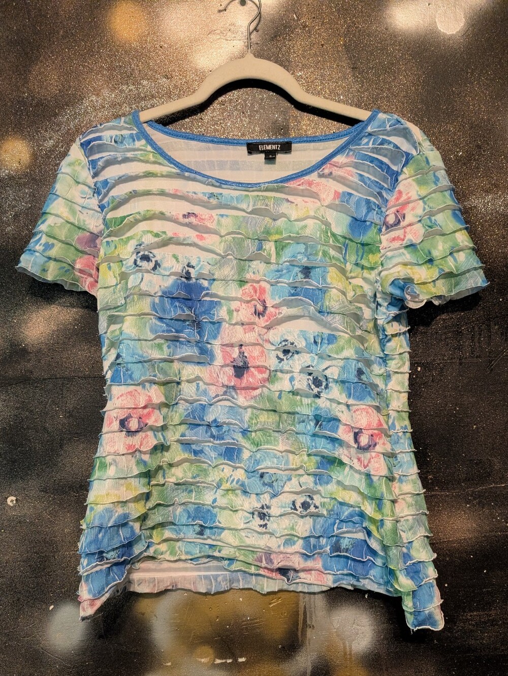 Elementz Pastel Blue Floral Ruffle Short Sleeve Top